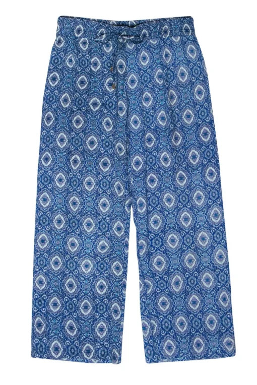 Trina Turk - Blue Bohemian Print Drawstring Wide Leg Pants Sz S