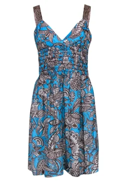 Trina Turk - Bright Blue & Brown Paisley Print Smocked Waist Dress Sz 6