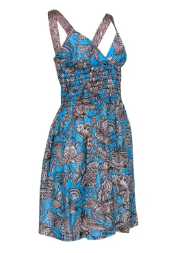Trina Turk - Bright Blue & Brown Paisley Print Smocked Waist Dress Sz 6