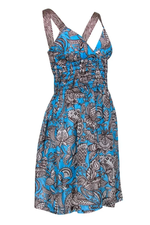 Trina Turk - Bright Blue & Brown Paisley Print Smocked Waist Dress Sz 6