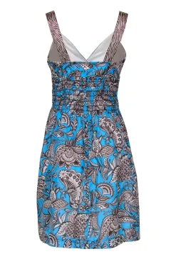 Trina Turk - Bright Blue & Brown Paisley Print Smocked Waist Dress Sz 6