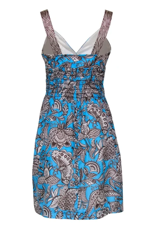 Trina Turk - Bright Blue & Brown Paisley Print Smocked Waist Dress Sz 6