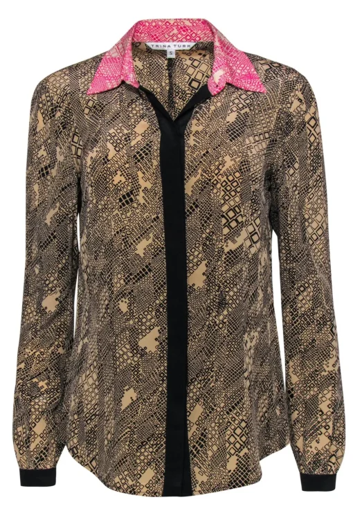 Trina Turk - Brown & Black Printed Silk Blouse w/ Pink Collar Sz S