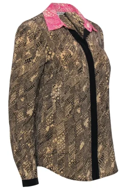 Trina Turk - Brown & Black Printed Silk Blouse w/ Pink Collar Sz S