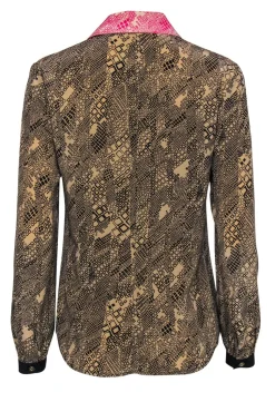 Trina Turk - Brown & Black Printed Silk Blouse w/ Pink Collar Sz S