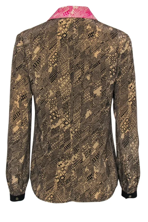 Trina Turk - Brown & Black Printed Silk Blouse w/ Pink Collar Sz S