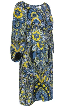 Trina Turk - Dusty Blue & Yellow Floral Puff Sleeve Peasant-Style Dress Sz 4