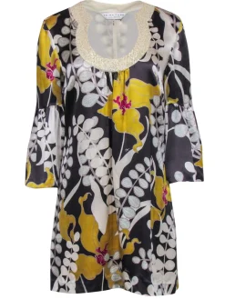 Trina Turk - Grey & Yellow Silk Floral Dress w/ Sequin Neckline & Bell Sleeves Sz 6