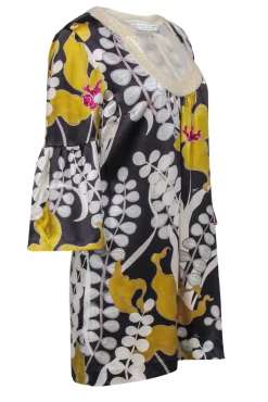 Trina Turk - Grey & Yellow Silk Floral Dress w/ Sequin Neckline & Bell Sleeves Sz 6