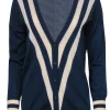 Trina Turk - Navy & White Button-Up Merino Wool Cardigan w/ Striped & Eyelet Trim Sz S