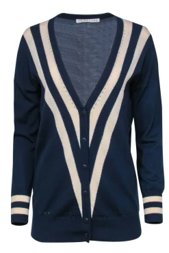 Trina Turk - Navy & White Button-Up Merino Wool Cardigan w/ Striped & Eyelet Trim Sz S