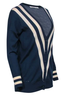 Trina Turk - Navy & White Button-Up Merino Wool Cardigan w/ Striped & Eyelet Trim Sz S