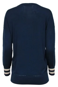 Trina Turk - Navy & White Button-Up Merino Wool Cardigan w/ Striped & Eyelet Trim Sz S