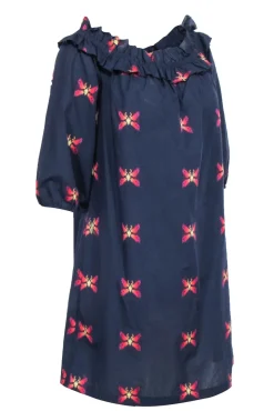 Trina Turk - Navy w/ Multicolor Butterfly Print Off The Shoulder Dress Sz L