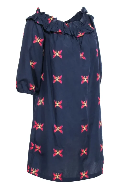 Trina Turk - Navy w/ Multicolor Butterfly Print Off The Shoulder Dress Sz L