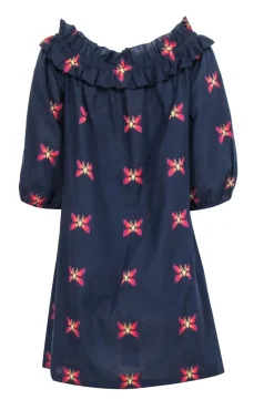 Trina Turk - Navy w/ Multicolor Butterfly Print Off The Shoulder Dress Sz L