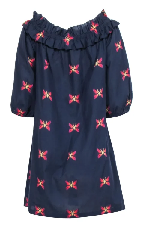 Trina Turk - Navy w/ Multicolor Butterfly Print Off The Shoulder Dress Sz L