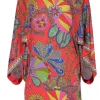 Trina Turk - Pink Multicolor Abstract Floral Print Long Handkerchief Sleeve Mini Dress Sz M