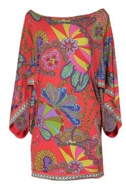 Trina Turk - Pink Multicolor Abstract Floral Print Long Handkerchief Sleeve Mini Dress Sz M