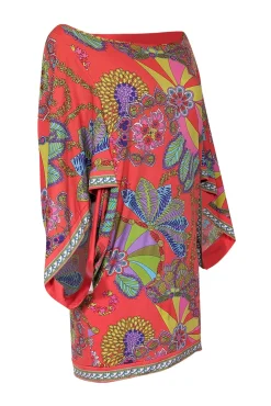 Trina Turk - Pink Multicolor Abstract Floral Print Long Handkerchief Sleeve Mini Dress Sz M