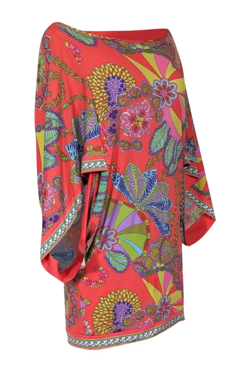 Trina Turk - Pink Multicolor Abstract Floral Print Long Handkerchief Sleeve Mini Dress Sz M