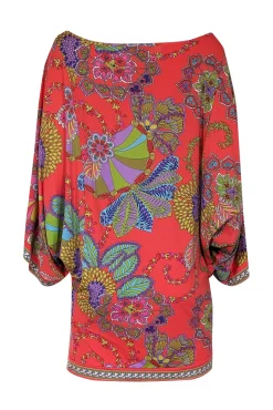 Trina Turk - Pink Multicolor Abstract Floral Print Long Handkerchief Sleeve Mini Dress Sz M