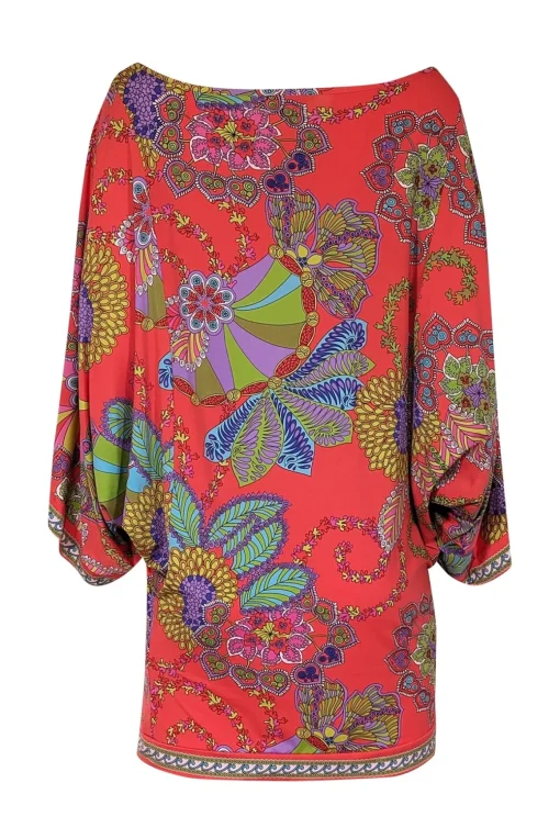 Trina Turk - Pink Multicolor Abstract Floral Print Long Handkerchief Sleeve Mini Dress Sz M