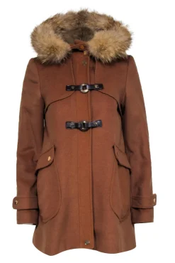 Trina Turk - Tan Wool Blend Coat w/ Fur Lined Hoodie Sz 6