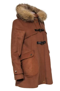 Trina Turk - Tan Wool Blend Coat w/ Fur Lined Hoodie Sz 6