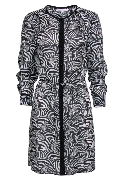 Trina Turk - White & Black Zebra Print Button-Up Belted Shirtdress Sz 4