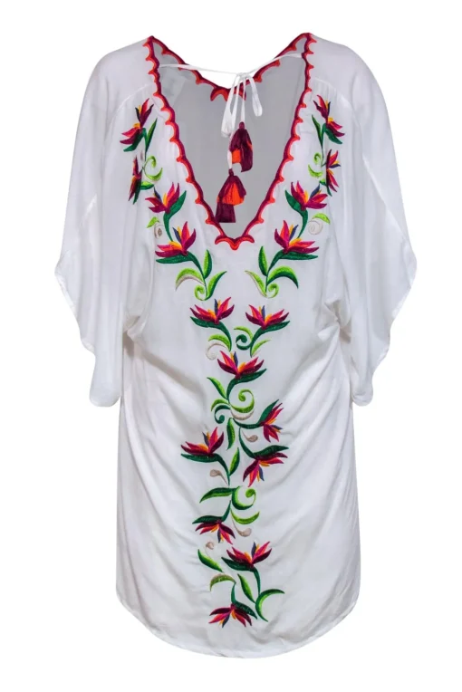 Trina Turk - White & Multicolor Embroidered Short Sleeve Cover-Up Sz S