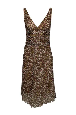 Trina Turk - White w/ Green, Pink, & Brown Leopard Print Ruched Silk Dress Sz 2