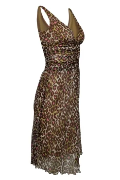 Trina Turk - White w/ Green, Pink, & Brown Leopard Print Ruched Silk Dress Sz 2