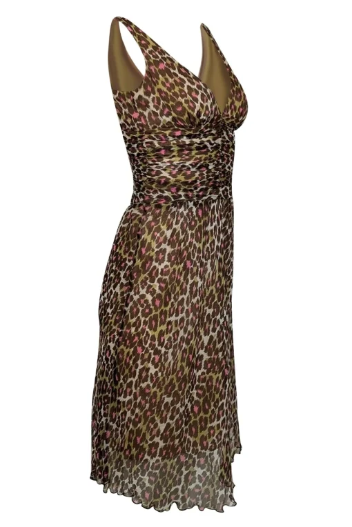 Trina Turk - White w/ Green, Pink, & Brown Leopard Print Ruched Silk Dress Sz 2