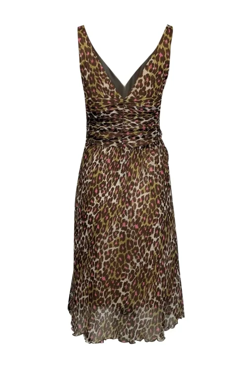 Trina Turk - White w/ Green, Pink, & Brown Leopard Print Ruched Silk Dress Sz 2