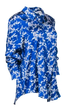 Tucker - Cobalt Blue Floral Print Long Sleeve Silk Blouse Sz M