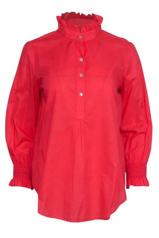 Tuckernuck - Coral Pink Three Quarter Button Front Ruffle Collar Top Sz S