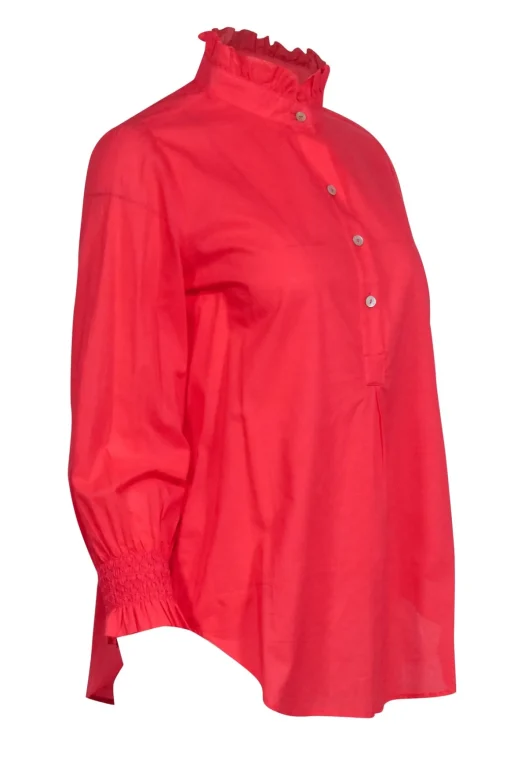 Tuckernuck - Coral Pink Three Quarter Button Front Ruffle Collar Top Sz S