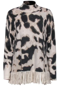 Tyler Boe - Cream & Brown Leopard Print Turtleneck Sweater w/ Fringed Hem Sz L