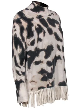 Tyler Boe - Cream & Brown Leopard Print Turtleneck Sweater w/ Fringed Hem Sz L
