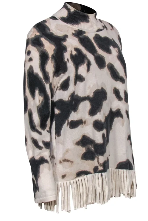 Tyler Boe - Cream & Brown Leopard Print Turtleneck Sweater w/ Fringed Hem Sz L