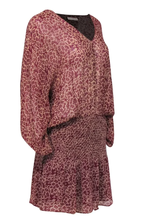 Ulla Johnson - Maroon Drop-Waist Floral Print Silk Dress Sz 8