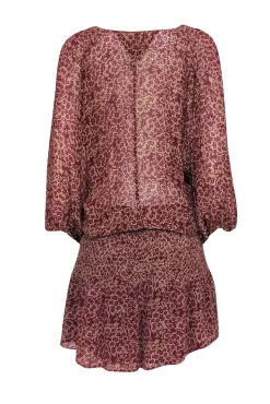 Ulla Johnson - Maroon Drop-Waist Floral Print Silk Dress Sz 8