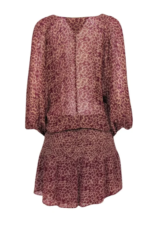 Ulla Johnson - Maroon Drop-Waist Floral Print Silk Dress Sz 8