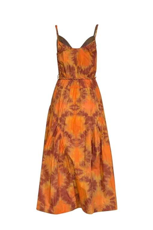 UllaJohnson - Orange & Rust Red Tie Dye Print Poplin Midi Dress Sz 0