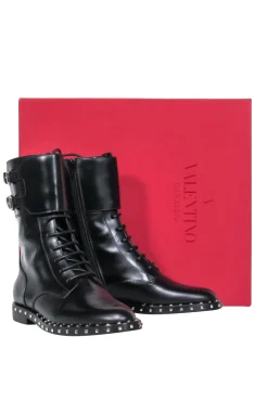 Valentino - Black Studded Trim Combat Boots Sz 6.5