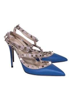 Valentino - Blue & Beige Studded Strappy Heels Sz 10.5