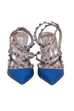 Valentino - Blue & Beige Studded Strappy Heels Sz 10.5