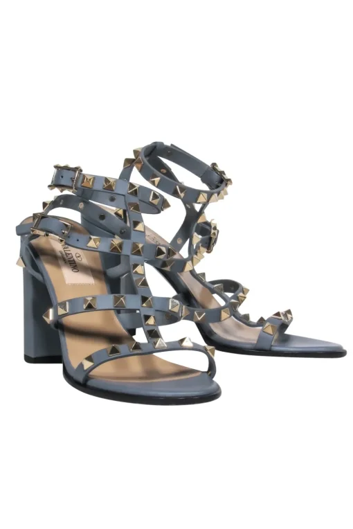 Valentino - Dusty Grey Rockstud Strappy Heels w/ Double Clasp Sz 6