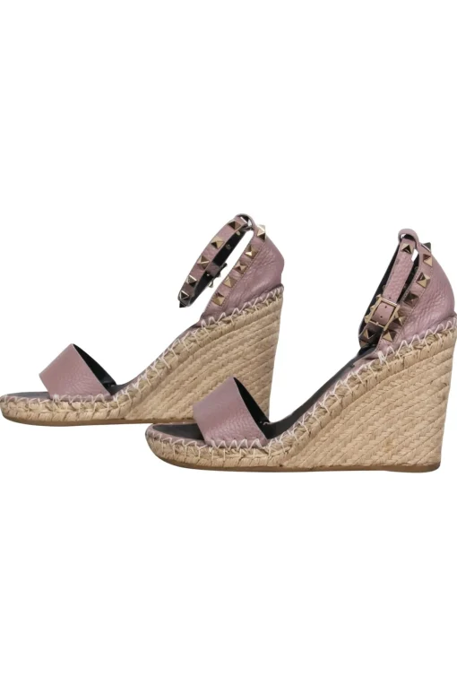Valentino - Nude Calfskin Leather Espadrille Rock-Stud Wedges w/ Ankle Strap Sz 7